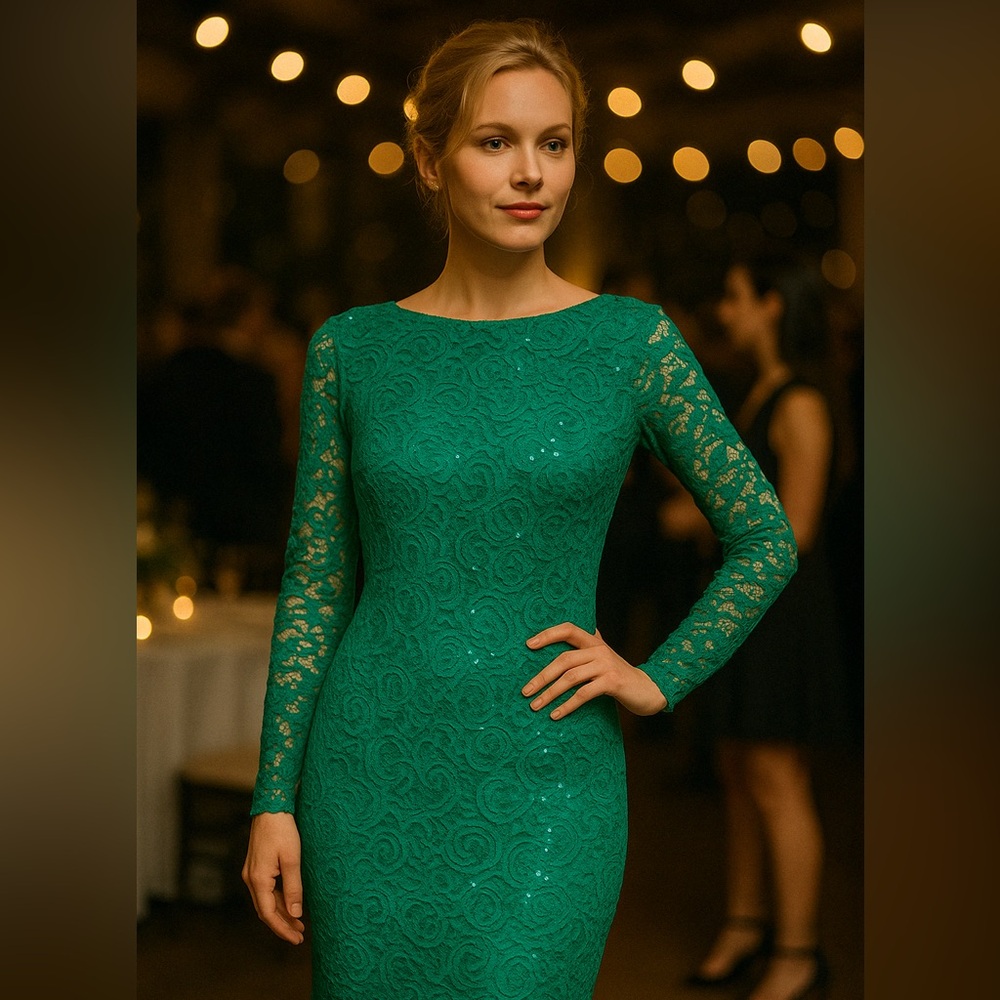 NWT Marina Sparkly Green Lace Long Sleeves Dress Size 10